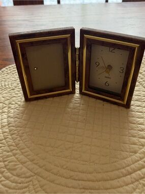 Vintage-Style Folding Table Clock and Photo Frame in Brown and Gold